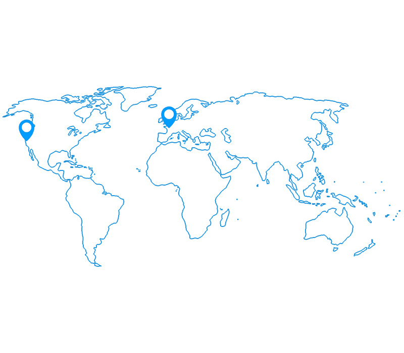 World map outline with location markers for Paris and San Francisco offices for the brand agency.